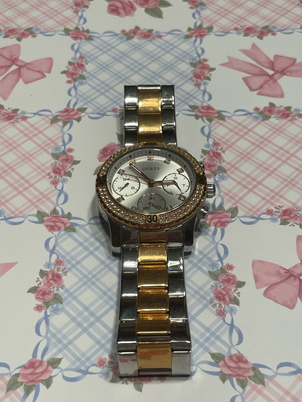 Guess Two-Tone Silver & Gold Crystal Bezel Multifunction Watch